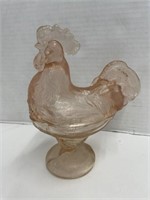 Pink Glass Rooster Lidded Dish, 8.5 "