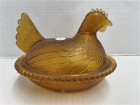Amber Glass Nesting Hen Dish