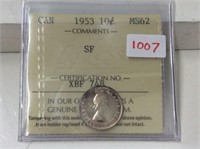 1953 S. F. (iccs Ms62) Canadian Silver 10 Cent