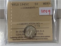 1945 (iccs Ms63) Newfoundland Silver 5 Cent