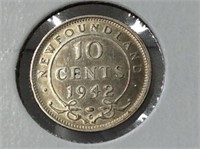 1942 (ms60) Newfoundland Silver 10 Cent