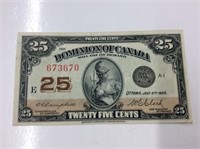 1923 Canadian 25 Cent Bill