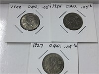 3x Canadian 5 Cent  1922,24,27