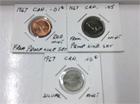 1967 Canadian 1 Cent Red, 5 Cent, 10 Cent Silver