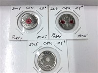 3x Canadian Poppy 25 Cent Coins