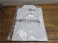 NEW SIMON CHANG Sz 15P Mens Grey Strip SHIRT S/S