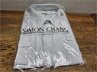 NEW SIMON CHANG Sz18.5R Mens Grey Strip SHIRT S/S