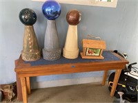 Wooden table, birdfeeder, birdbath base
