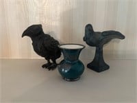 2 Metal Birds & 2.5" Silver Overlay Vase