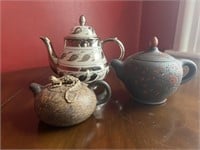 3 Teapots & 2 Oriental Bowls