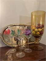 3 Brass Trays, 4 Hand Painted Stems, & Amber Vase