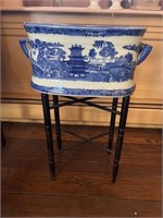 Reproduction Blue & White Handled Tureen on Stand