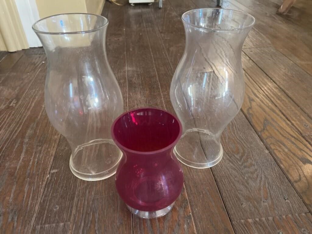 Pair of Hurricane Shades 14"H, & Ruby Vase