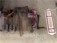 Antique Pair Roller Skates, Meat Grinder, Hatchet,