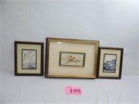 Vintage Chinese Fan Painting & Set Of Two Prints