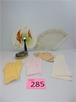 Vintage Fans, Hair Brush, & Four Pairs of Gloves