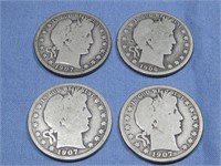 Four Barber Half Dollars 90% Silver