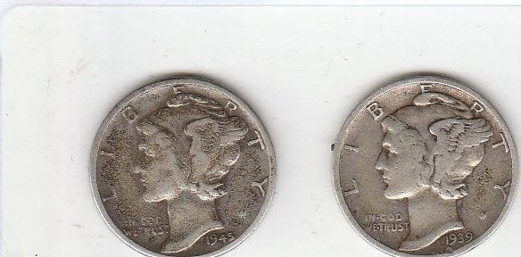 2 90% Silver US Mercury Dimes, Circulated