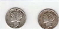 2 90% Silver US Mercury Dimes, Circulated