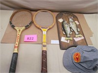 Two Vintage Tennis Rackets, Railroad Hat, Plaque