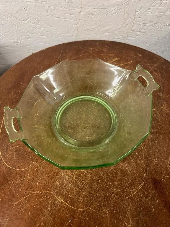Vintage 9" Green Uranium Glass Handled Bowl