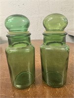 S/2 Vintage 5" Green Glass Apothecary Jars