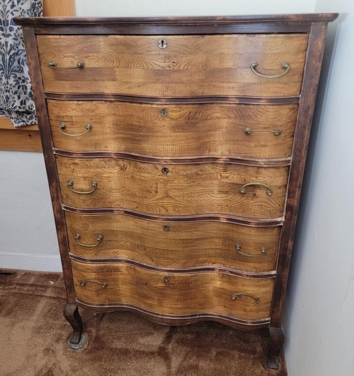 Vintage Wooden Five Drawer Wooden Dresser