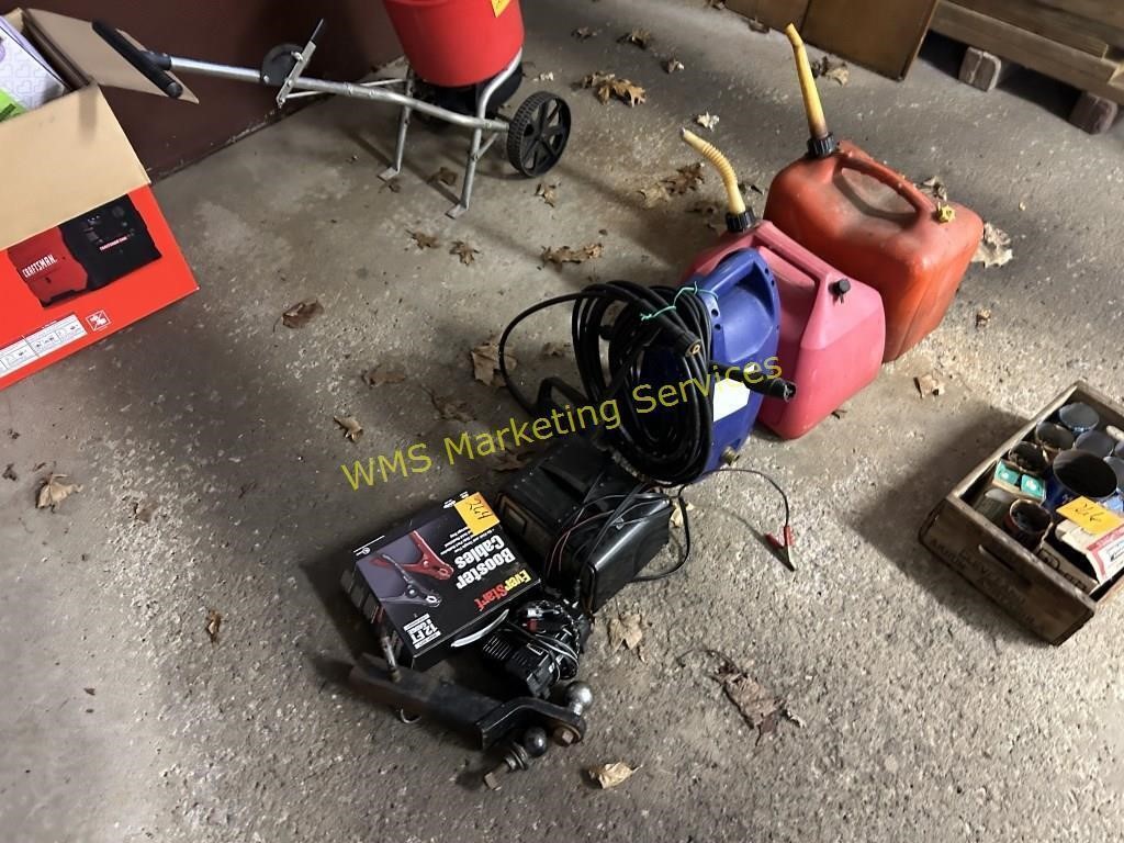 Jumper Cables, Hitch, Battery Charger, 2 Fuel Cans