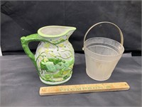 Ceramic pitcher and glass ice bucket