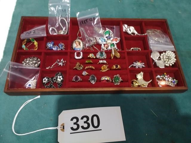 16 Rings, Necklace, Brooch, Pins w/ Display