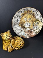 Lion décor. 1973 LIMOGES  Plate and figurine.