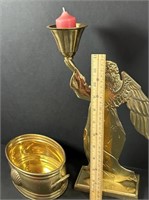 Brass angel candleholder and brass basket.1353