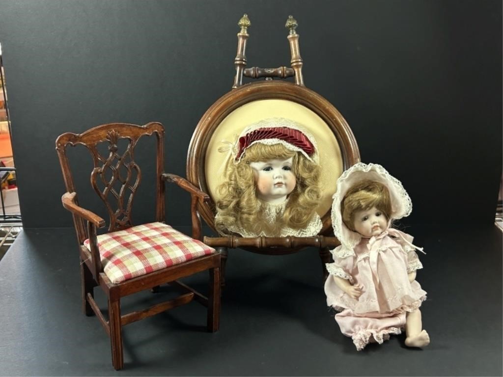 Doll , chair and picture lot.