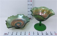 (2) Green Carnival Glass Bowls