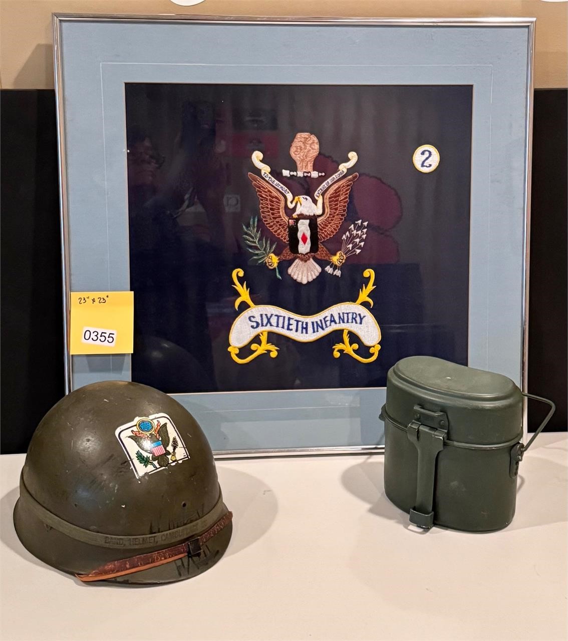 Military Helmet, Mess Tin & Framed Banner