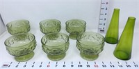 (6) Green Sherbet Glasses & (2) Bud Vases