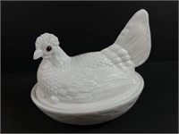 vintage milk glass hen on nest. Chipped.