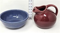 Stoneware Blue Bowl & Burgundy Pitcher-USA