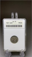 1867 3 Cent Nickel (CN3C) ANACS AU 55
