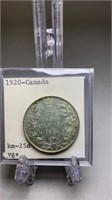 1920 Canadian Silver Half Dollar km-25a- VG+
