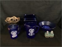 Vintage Shirley Temple blue glass , other glass