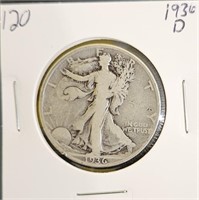 1936 D 90% Silver Walking Liberty Half Dollar