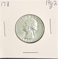 1962 D 90% Silver Washington Quarter