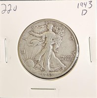 1943 D 90% Silver Walking Liberty Half Dollar