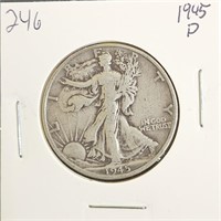 1945 D 90% Silver Walking Liberty Half Dollar