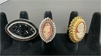 (3) high dollar costume rings, (2) are cameos