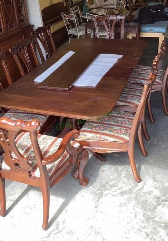 Large walnut veneer dining room table with three