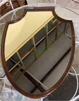 Vintage wood framed shield mirror measures 36x25