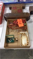 Vintage hankie box, wood beaded necklaces, old