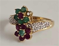10kt gold, diamond, ruby and emerald floral ring